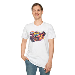 Back to the 80s Unisex T-Shirt — Retro Neon 80s Vintage Design (cassette, Rubik's Cube, vinyl)